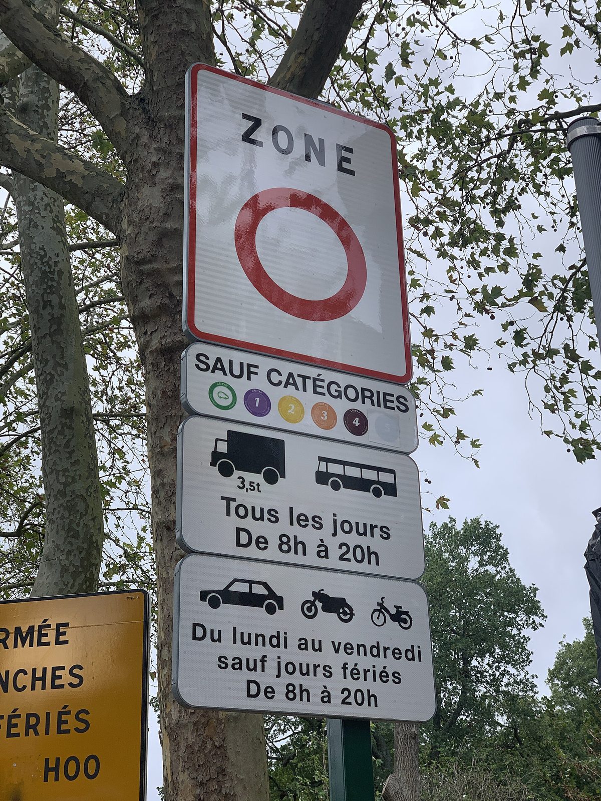 Fransk trafikkskilt merket ZONE med underskilt som viser hvilke Crit'Air-kategorier som slipper inn, og hvilke klokkeslett reglene gjelder