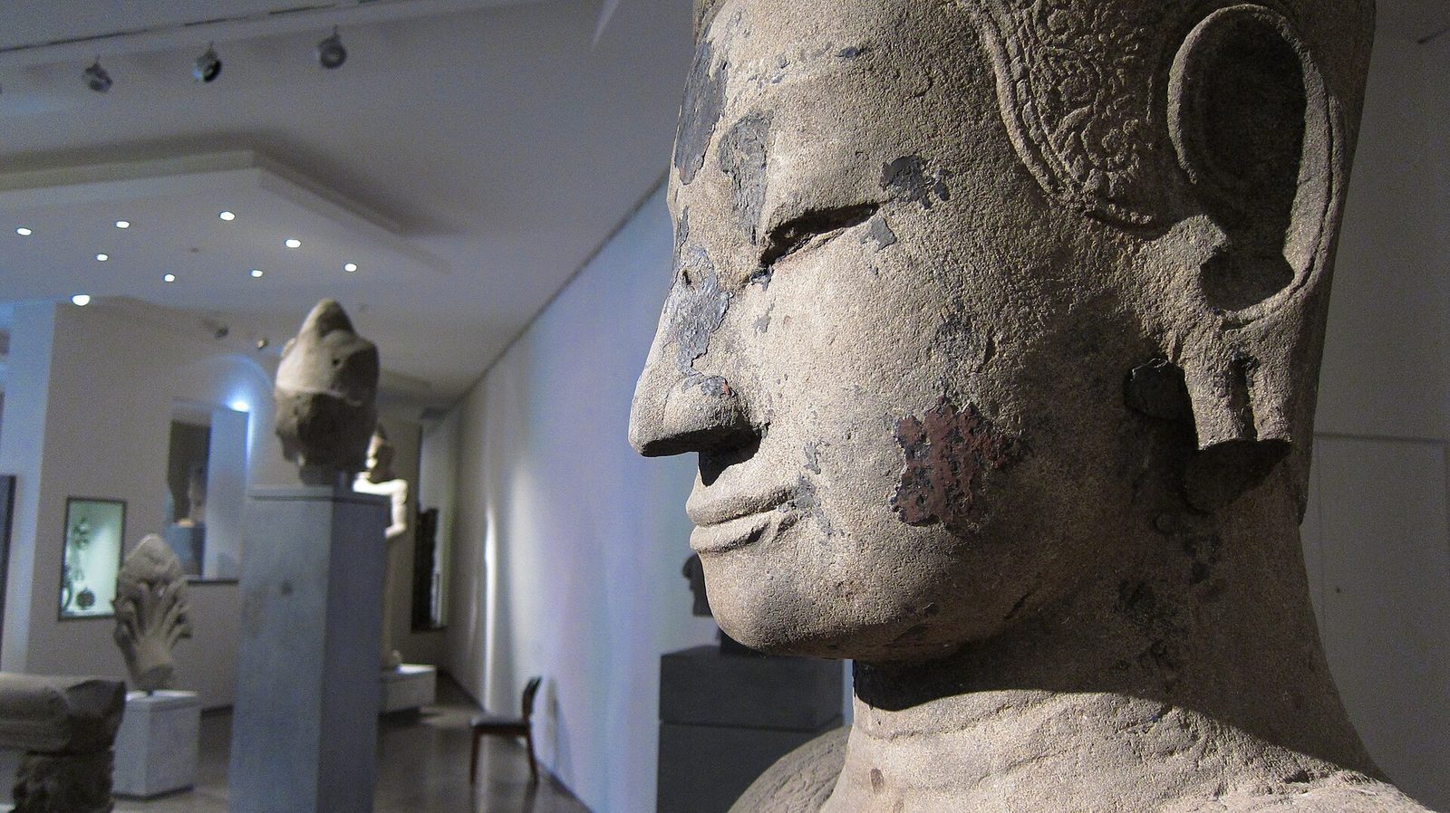 Khmersk steinhode i profil i en av de lyse utstillingssalene på Musée Guimet