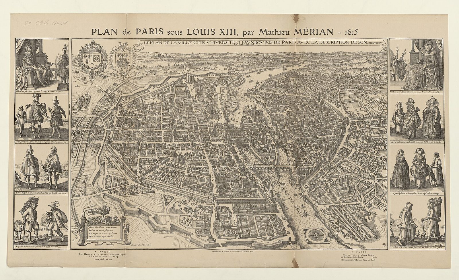 Matthäus Merians fugleperspektivkart over Paris fra 1615, med bymurer, Seinen og kobberstukne folkelivsscener i margen