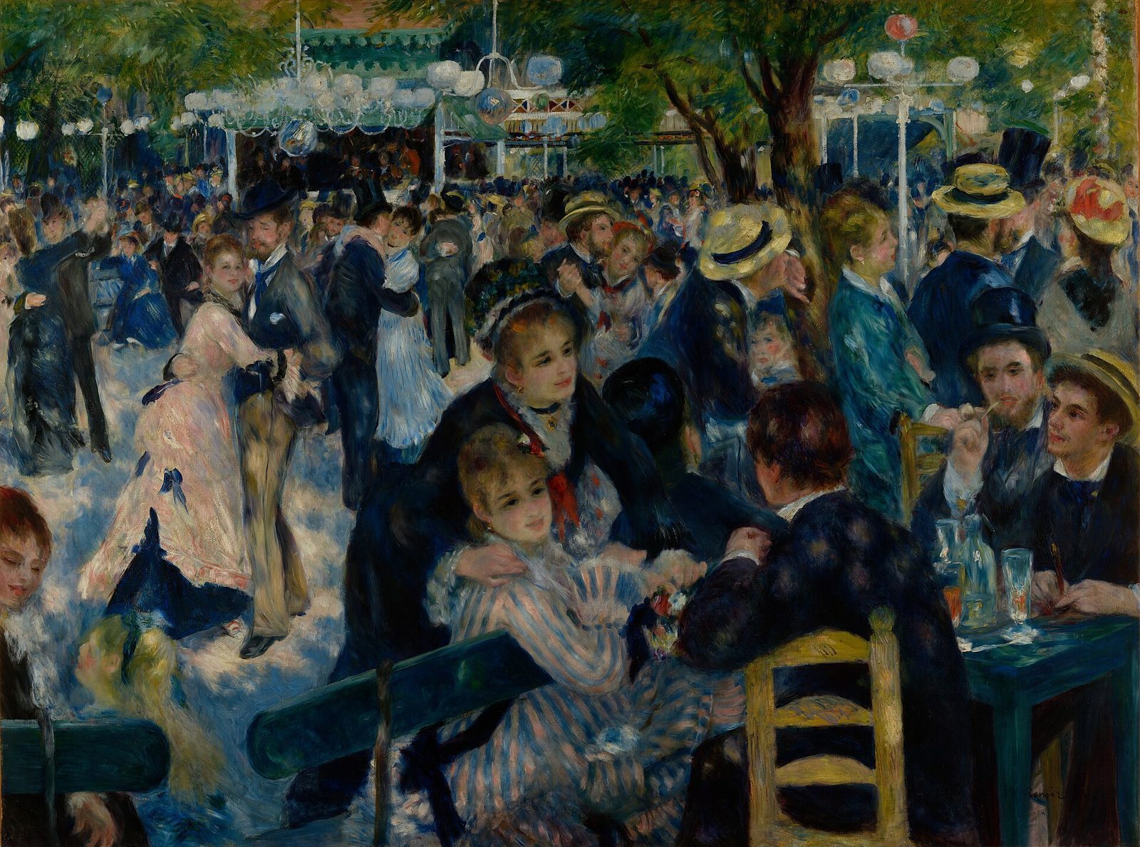 Renoirs maleri Bal du moulin de la Galette med dansende og sittende parisere under trærne på Montmartre
