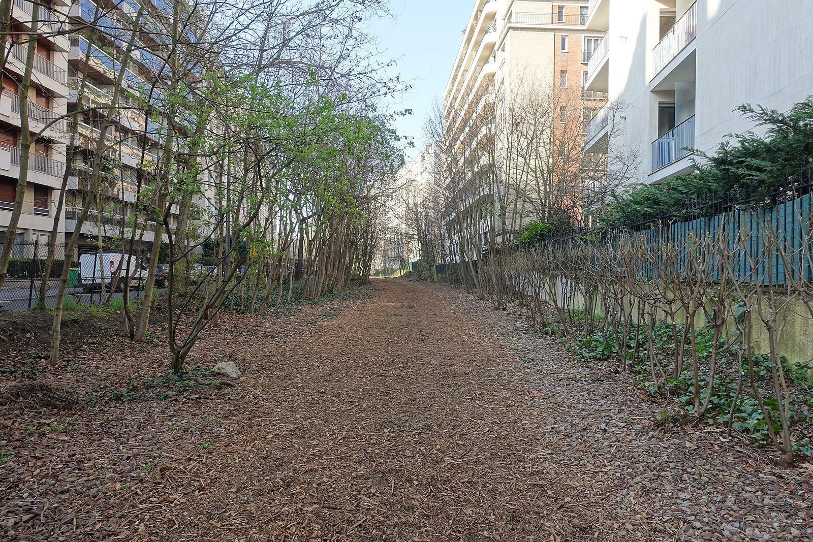 Den åpne stien på Petite Ceinture i 16. arrondissement, i en gammel jernbaneskjæring mellom boligblokker