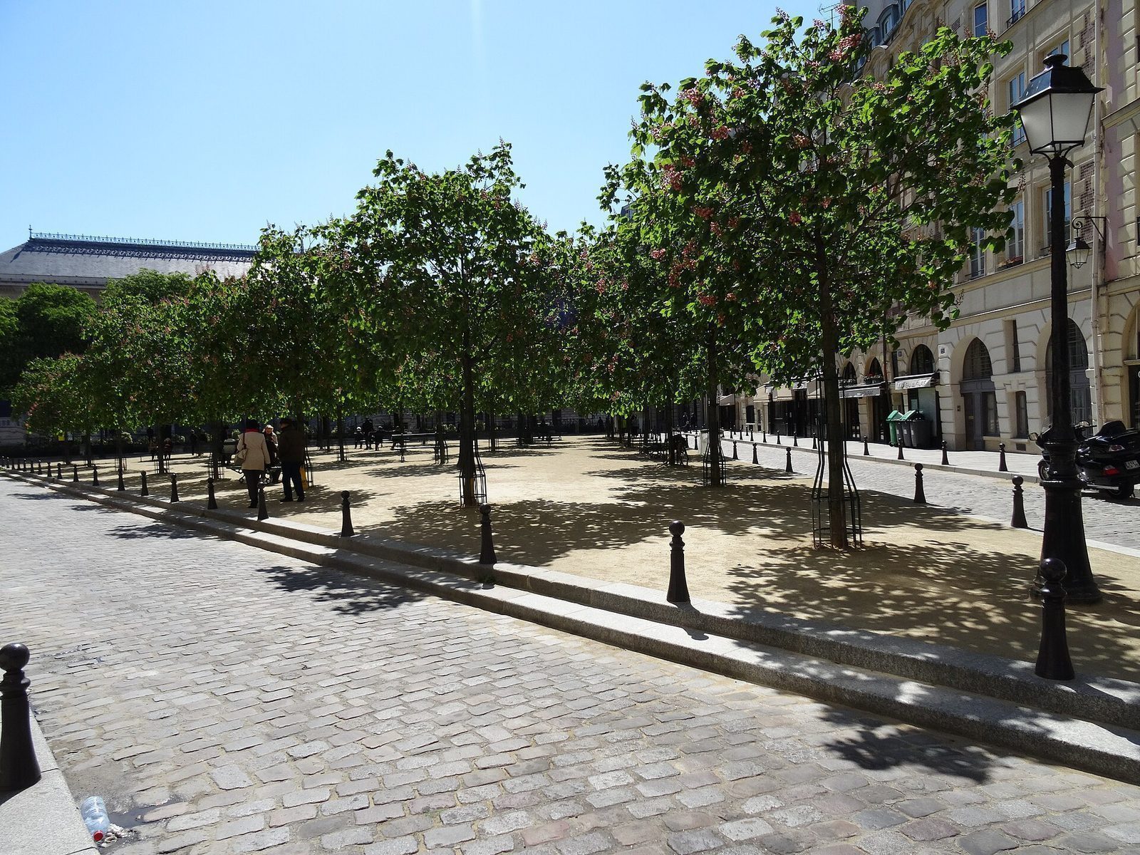Den trekantede Place Dauphine med kastanjetrær og brostein på Île de la Cité