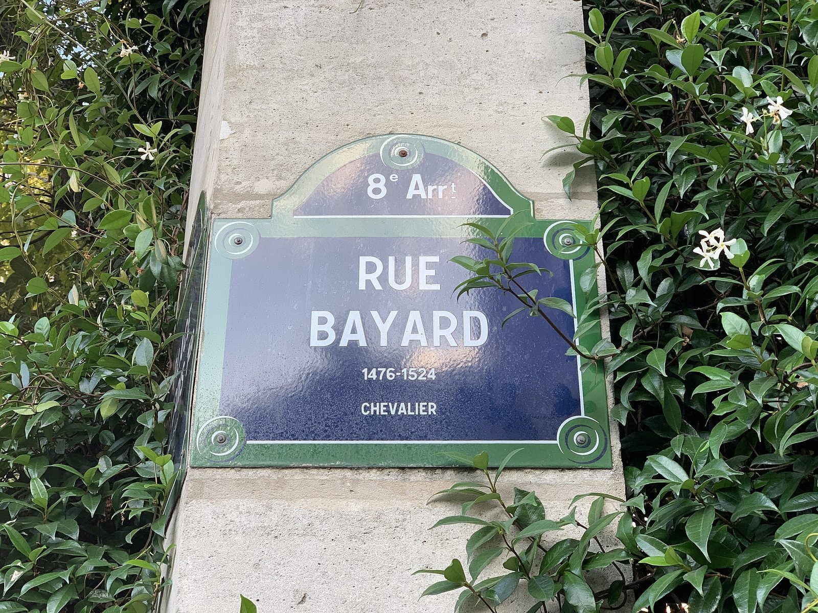 Emaljert gateskilt med teksten Rue Bayard og 8e Arrt omkranset av grønne blader